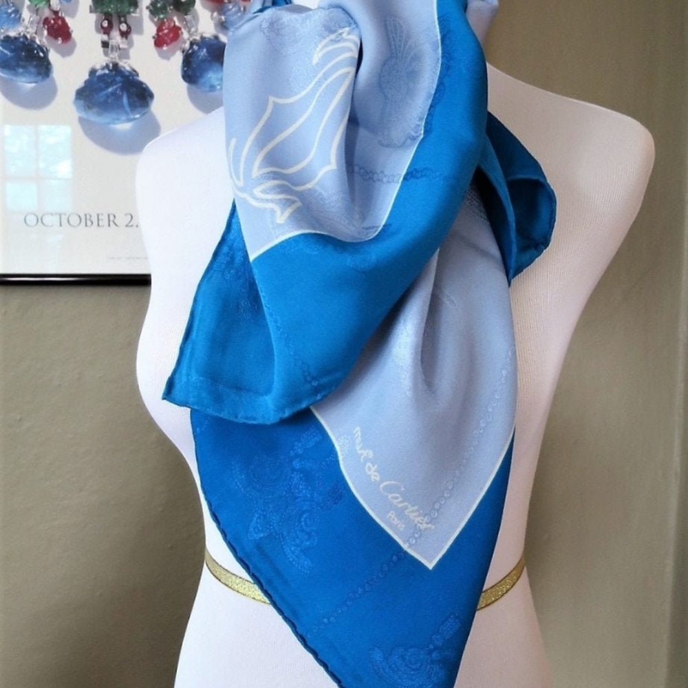 Cartier Blue and White  35×35 Silk Scarf - Picture 5 of 12